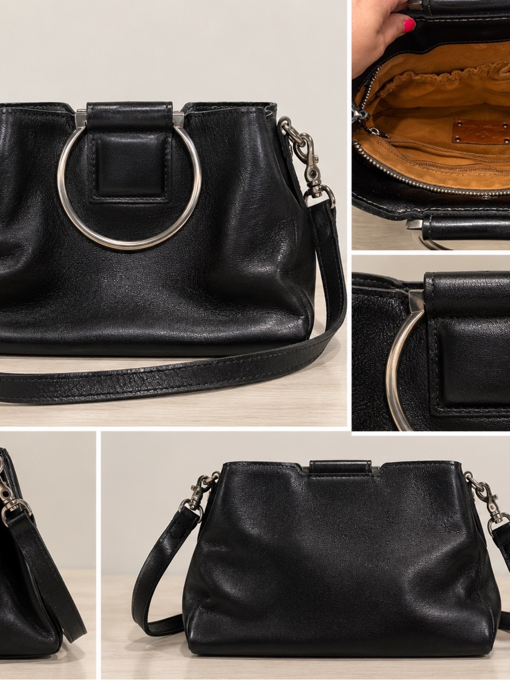 Classic Black Leather Shoulder Bag with Silver Ring Accent